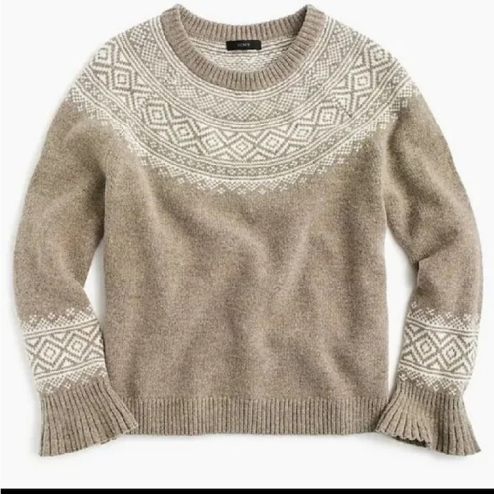 J.Crew Fair Isle Merino Wool Ruffle Sleeve Crewneck Sweater Tan S - Picture 1 of 7